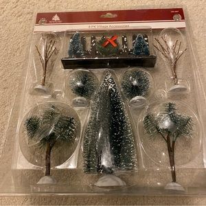 8pk Christmas Village Accessories (bottle brush trees, fence)